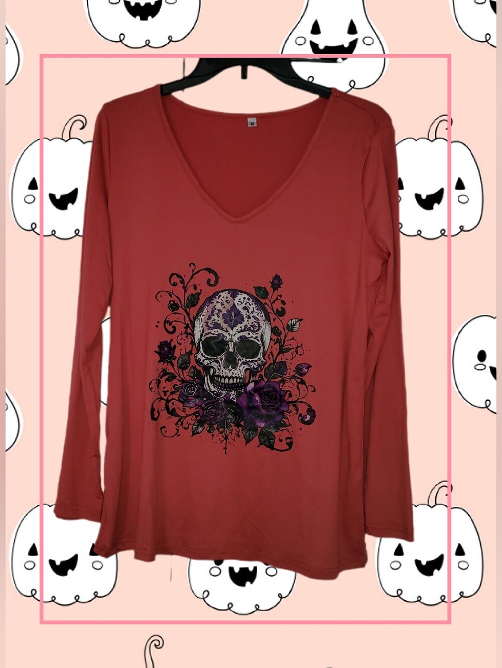 NEW Women's Medium Large long-Sleeve v-Neck Skull Floral Top